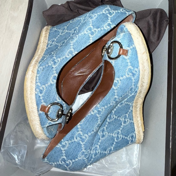 Gucci Blue Denim Wedges with Brown Accents - Picture 1 of 6